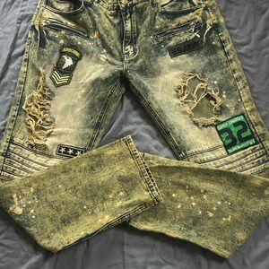 Rogue Distressed Military Patch Skinny Jeans - Black and Tan